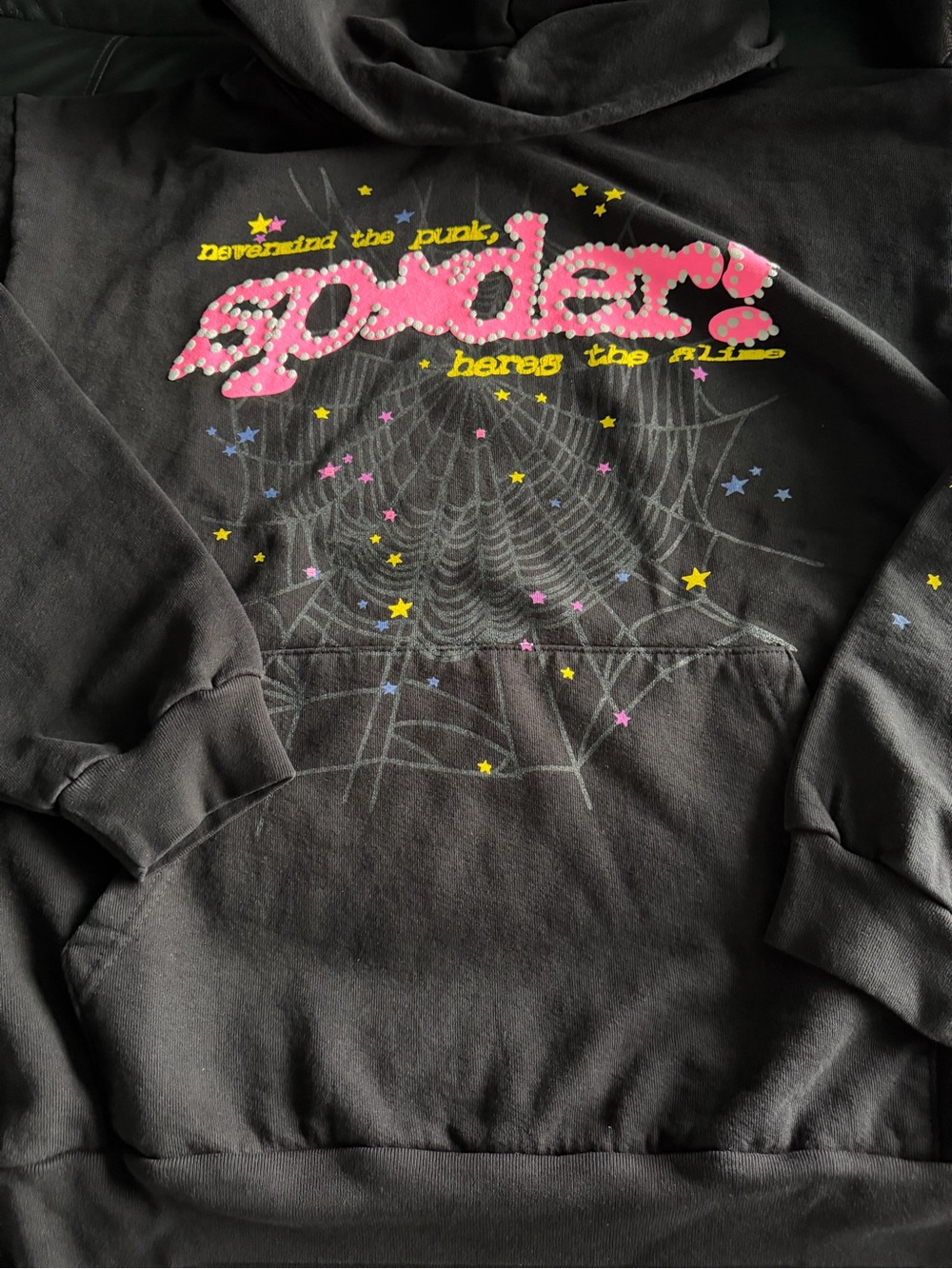 Black Crewneck Sweatshirt with Pink V2  'Sp5der”' Graphic sweater.